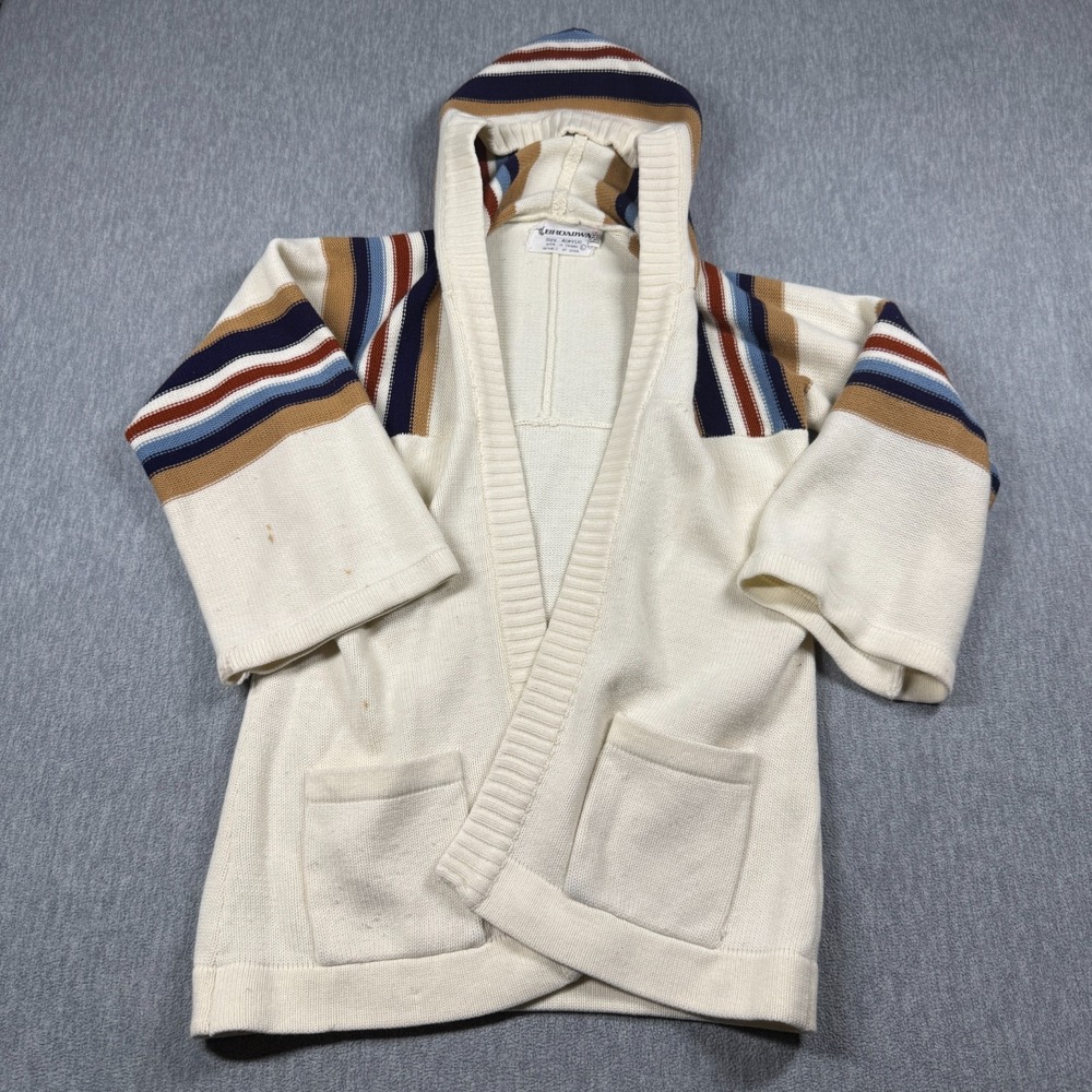 The Broadway Sweater Women Large Ivory Striped Vintage Cardigan Hooded Knit Open
